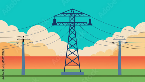 Electric transmission towers and power lines against colorful sunset sky and stylized clouds in flat vector style