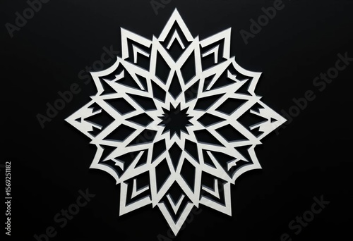 Intricate white geometric star & triangle laser cut metal panel pattern on black,   repeating pattern,   metalwork