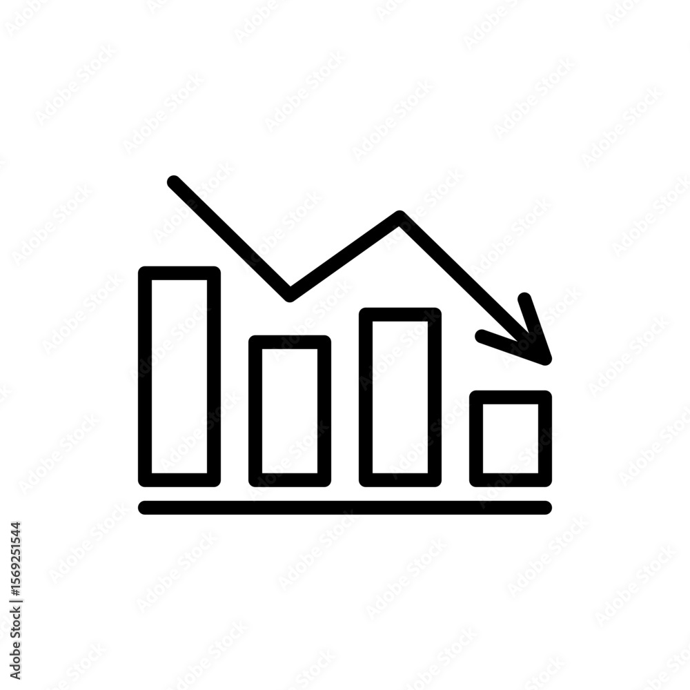 Graph reduction with arrow down, line chart icon. Financial fall, decrease, fail. Statistics and analytics. Vector flat illustration Graph reduction with arrow down, line chart icon. Financial fall, decrease, fail. Statistics and analytics. Vector flat illustration