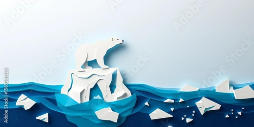 Layered paper cut polar bear on iceberg, layered ocean waves & ice floes,   artistic,   bear
