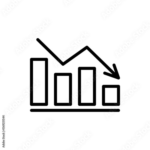 Graph reduction with arrow down, line chart icon. Financial fall, decrease, fail. Statistics and analytics. Vector flat illustration