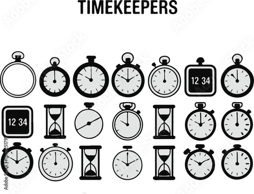 Vector art of collection of timekeeping devices and clocks