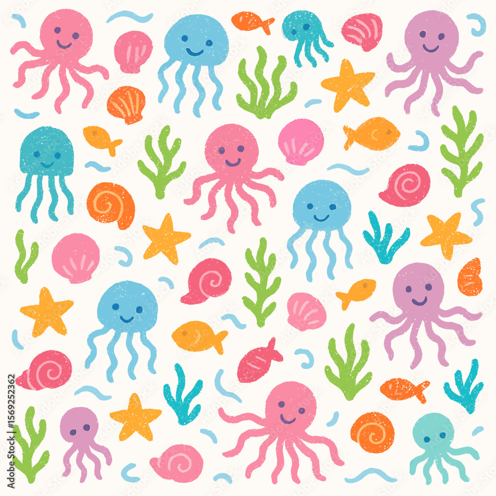 Fototapeta premium Colorful underwater creatures and sea life pattern design.