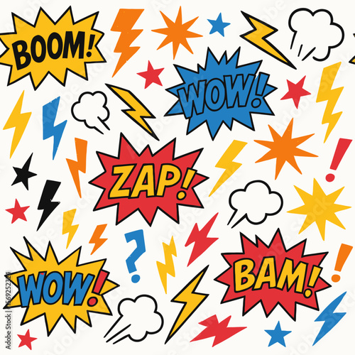 Colorful comic book style pattern featuring speech bubbles, lightning bolts, stars, and exclamation points.