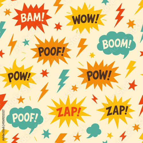 Seamless pattern featuring comic book style sound effects like "Bam!", "Wow!", "Boom!", "Poof!", "Pow!", and "Zap!" with lightning bolts and stars.