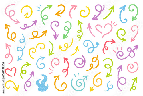 Colorful hand-drawn arrow collection; various styles, swirls, and shapes.