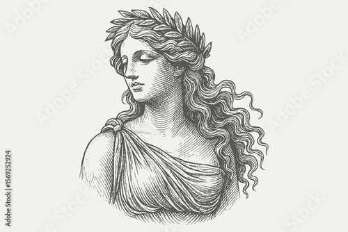Ancient woman bust engraving style vector illustration

