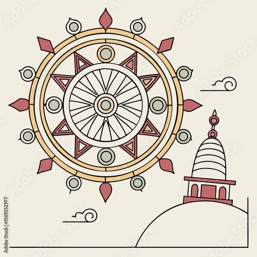 Christmas greeting card featuring a decorated tree with vintage clock and symbolic elements in a festive design