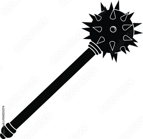 Flat silhouette of medieval battle mace with spiked head and long handle, bold shape, isolated on white.