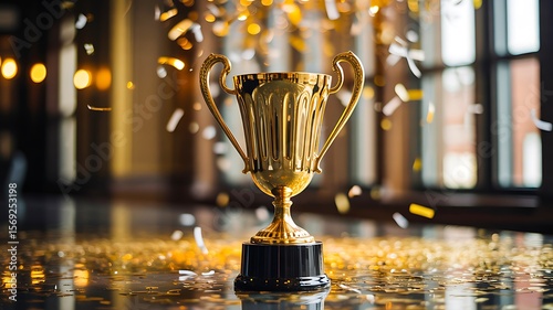 Wallpaper Mural golden trophy standing on table with sparkling confetti and glowing background
 Torontodigital.ca
