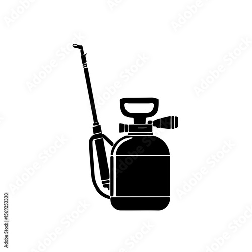 Garden Sprayer Icon. A black and white vector icon of a manual garden or agricultural sprayer, featuring a tank and a long spray wand. This versatile symbol is ideal for topics related to gardening