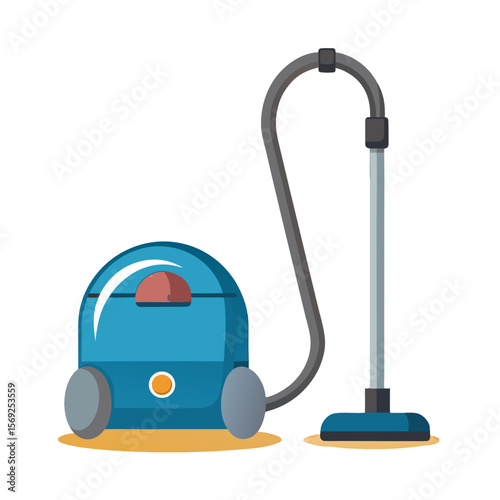 a blue canister vacuum cleaner with a long hose and cleaning attachment.