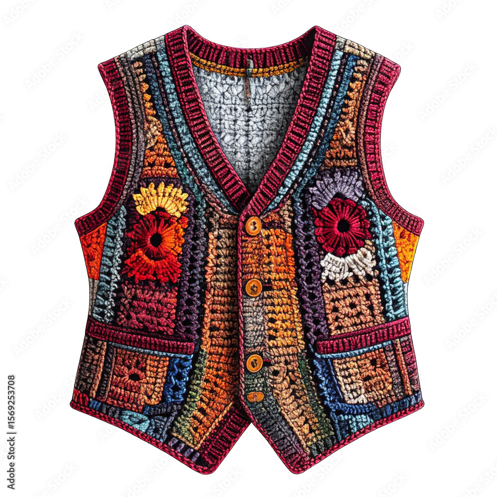 Obraz premium Colorful Knitted Patchwork Vest with Floral Details