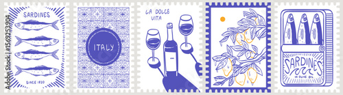 Postage frame or border element design, elegant emblem or badge with lemons, wine and sardines. Vintage Italian print set, wall art vector travel postcard stamp, summer engraving placard or poster.