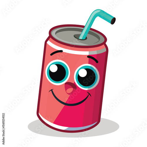 A cheerful soda can with a straw and animated bubbly eyes, conveying refreshing fun and a playful beverage.