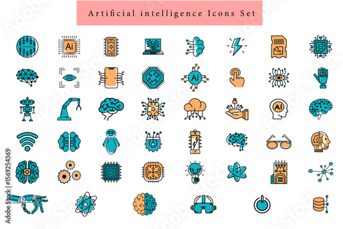 Artificial intelligence Doodle machine learning and neural network line element Ai icon collor