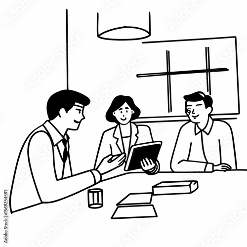 Professional employees discussing project on tablet pc