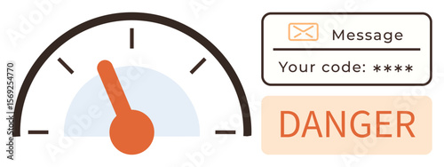 Gauge with orange needle showing high level, message box displaying code, and bold Danger text. Ideal for security, risk, alert, urgency, systems, danger communication simple flat metaphor