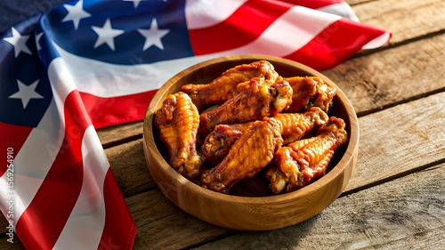 Wallpaper Mural delicious chicken wings in wooden bowl with american flag on rustic wooden table
 Torontodigital.ca