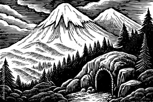 A Himalayan mythic mountain guarded with hidden cave a black and white line art illustration