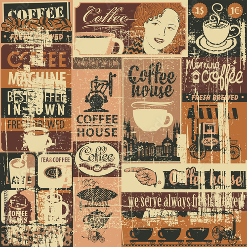 Set of vector seamless pattern on coffee themed with coffee machine, cityscape, coffee beans, cups, pointer, price tags and inscription. Banner, logo, menu, label. Wallpaper, wrapping paper. No ai
