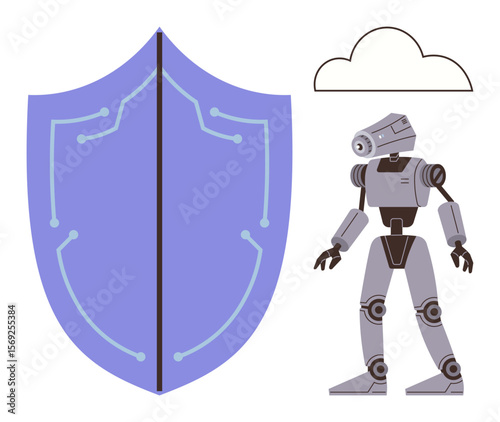 Humanoid robot stands beside tech shield adorned with circuit patterns and a cloud, symbolizing cybersecurity, cloud computing, AI technology, and innovation. Ideal for tech, defense, digital safety