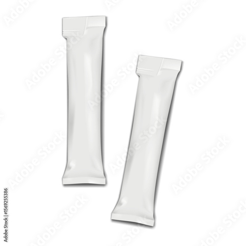 Blank white tear notch stick pack plastic bag. Realistic mockup. Easy open grooved long sachet pouch packet. Vector mock-up. Food, medical product single dose individual package. Template for design