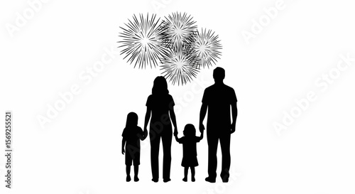 Family Silhouette Watching Fireworks – Celebration Vector Art

