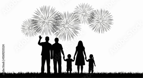 Family Silhouette Watching Fireworks – Celebration Vector Art


