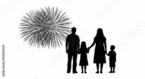 Family Silhouette Watching Fireworks – Celebration Vector Art

