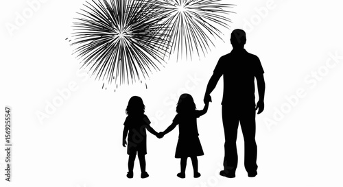 Family Silhouette Watching Fireworks – Celebration Vector Art

