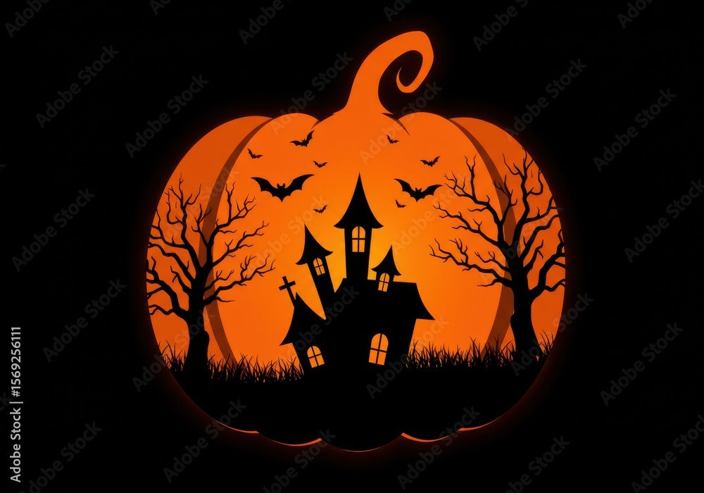 Fototapeta premium Spooky halloween pumpkin scene with haunted house and flying bats