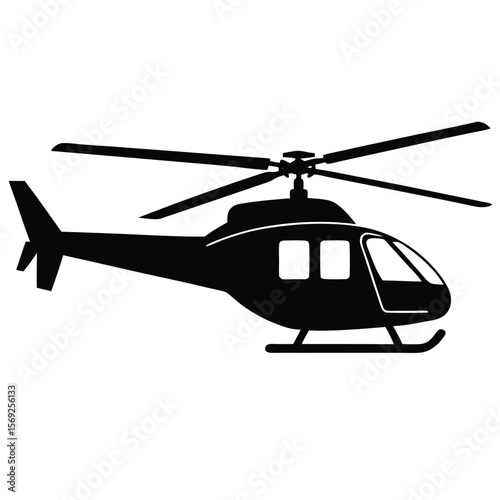 Black silhouette of a modern helicopter with rotors and landing skids on a white background