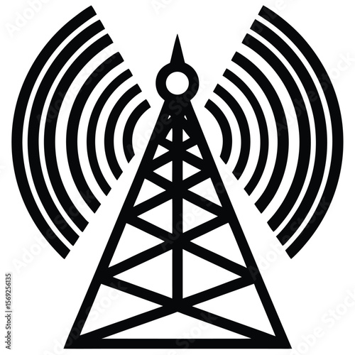 Stylized black and white graphic of a communication tower broadcasting signals