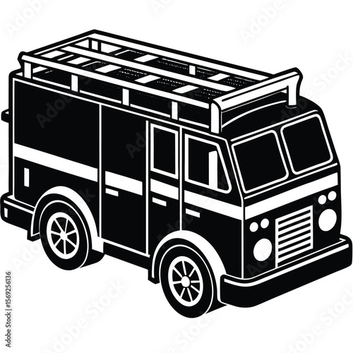 Isometric Black and White Vintage Fire Truck Illustration; Bold Graphic Design