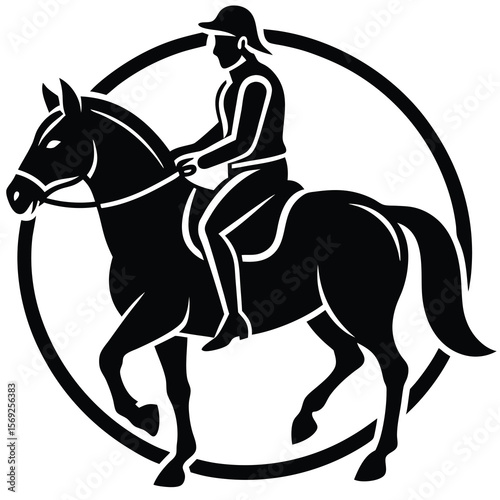 Stylized silhouette of a jockey riding a horse within a circle