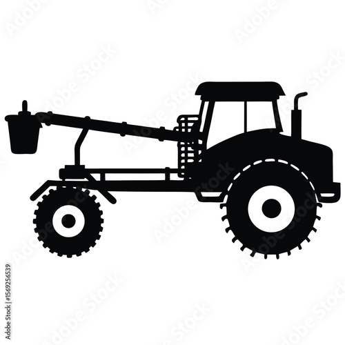 Black silhouette of a tractor with a boom sprayer attachment in a field