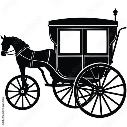 Elegant black silhouette of a horse drawn carriage with ornate wheels and windows
