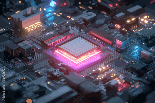 Ideal for printables and tech brochures.

Detailed isometric composition without text.

PNG

3:2

❌

ai, chip, motherboard, isometric, circuits, glow, energy, 