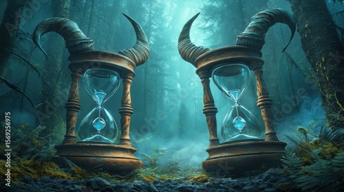 Mystical forest scene with two large hourglasses featuring twisted horn-like structures