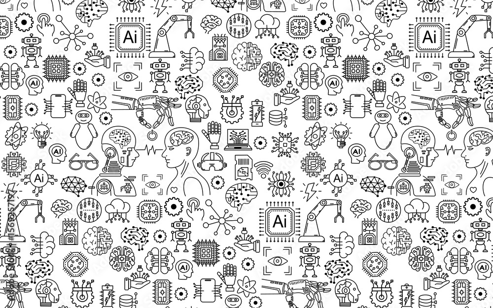 Artificial intelligence hand drawn Doodle machine learning and neural network line element Ai seamless pattern
