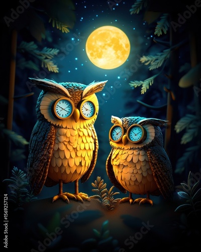 Two stylized owls with clock faces standing on forest ground under full moon night