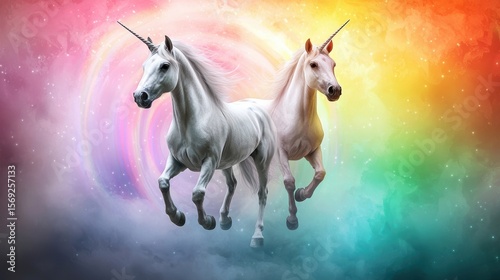 Two majestic unicorns with spiraled horns running together in a colorful fantasy background