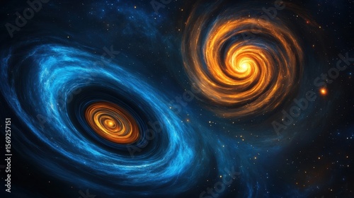 Two swirling cosmic vortexes in space with vibrant orange and blue glowing energy spirals