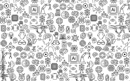 Artificial intelligence hand drawn Doodle machine learning and neural network line element Ai seamless pattern