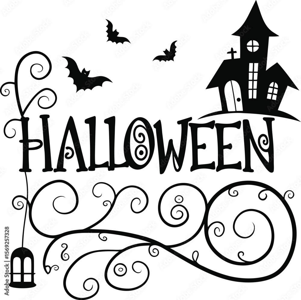 Halloween horizontal banner with vector logo. The inscription with ominous tree branches, bats and a pretty witch on a background of the full moon.