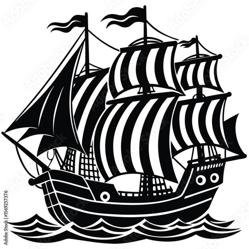 Black and white illustration of a majestic sailing ship with full sails