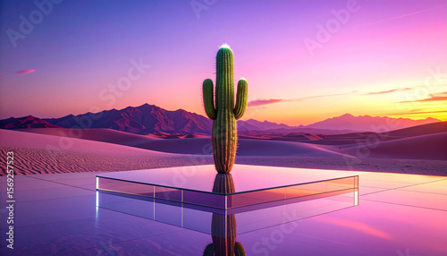 A lone cactus growing on a glass platform in a futuristic desert with mirrored sand dunes and a glowing violet sky, never-before-seen natural concept, shot with cinematic depth of field.