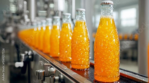 Orange beverage bottles on automated conveyor in modern factory setting