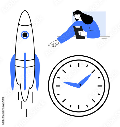 Rocket launch, clock, and a person pointing at tasks symbolizing innovation, time management, and teamwork. Ideal for productivity, deadlines, startups, planning leadership decision-making simple